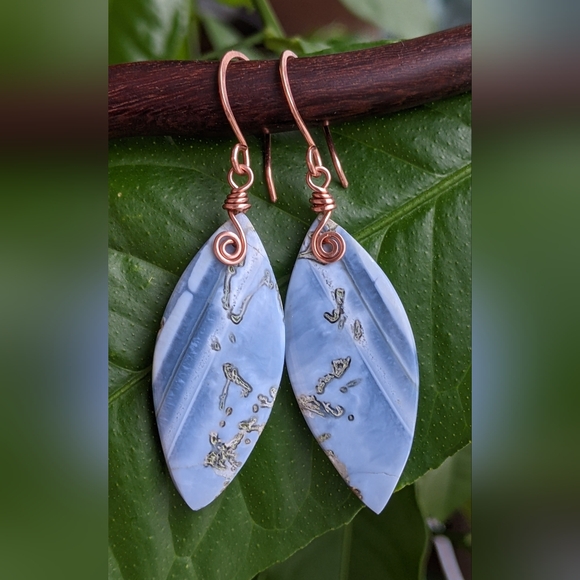 Artisan Blue Opal Gemstone Earrings Copper Wrap Spiral Marquise Lightweight - Picture 5 of 16